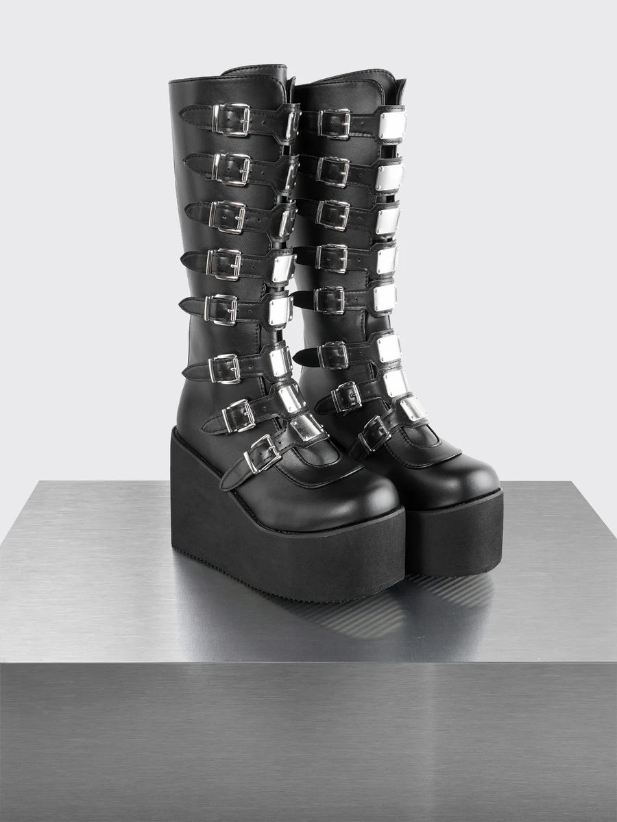 Rollcall Women's Black Casual Warm Boots, Punk Buckle Decor High Heel Wedge Fashion Sexy Lightweight Winter Boots - Black - View 1