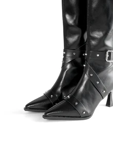 Rollcall Women's Black Pointed Toe Stiletto Heel Over Knee Boots With Belt Buckle, Zipper Back European And American Style - Black - View 4