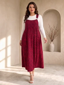 Leopard Print Corduroy Pocket Pinafore Dress For Daily Wear, Autumn/Winter - Red - View 4