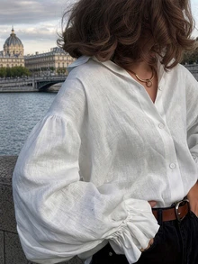 Solstice Apparel Women French‑Style White Blouse Loose Lapel Puff Balloon Sleeve Ruffle Cuff Casual Commuter Shirt - White - View 1