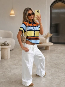 FOR BEAUTY Summer Y2K Women's Multi-Color Striped Knit Polo Top, Short Sleeve Front Button Ribbed Pullover, Preppy Casual Streetwear Style, Daily Wear - Orange and Blue - View 9