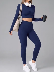 Navy Blue Seamless Ribbed Sports Set, Long Sleeve Thumbhole Cropped Workout Top, High Waist Tummy Control Butt Lifting Leggings, Daily Athletic Outfit - Navy Blue - View 6