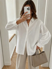 Solstice Apparel Back Heart Cutout Contrast Ric‑Rac Trim White Shirt Point Collar Button Front Oversized Long Sleeve Women Blouse - White - View 2