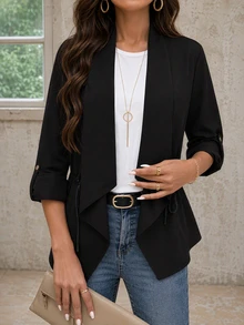 Solstice Apparel Waterfall Collar Open Front Casual Jacket Side Drawstring Waist Roll‑Up Sleeve Elegant Commuter Women Outerwear Black - Black - View 2