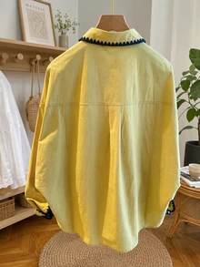 Solstice Apparel Women's Yellow Shirt, Contrast Embroidery Collar, Loose Oversized Long Sleeve Pocket Casual Artistic Style Blouse - Ginger - View 2