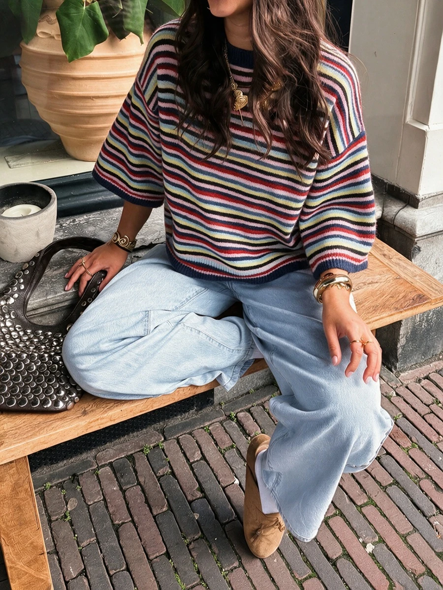 女款新款秋季拼色條紋圓領針織上衣,柔軟百搭,適合日常與校園穿著 - 寶蘭色 - 查看 1