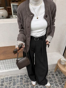 FOR BEAUTY Fall Winter Women Cardigans Y2K Elegant Brown Cable Knit Button Up Round Neck Sweaters Workwear Office Casual Going Out Tops Clothes - Brown - View 8