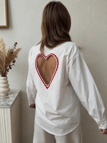 Solstice Apparel Back Heart Cutout Contrast Ric‑Rac Trim White Shirt Point Collar Button Front Oversized Long Sleeve Women Blouse - White - View 1