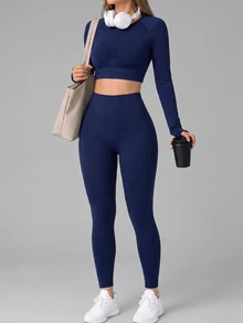 Navy Blue Seamless Ribbed Sports Set, Long Sleeve Thumbhole Cropped Workout Top, High Waist Tummy Control Butt Lifting Leggings, Daily Athletic Outfit - Navy Blue - View 7