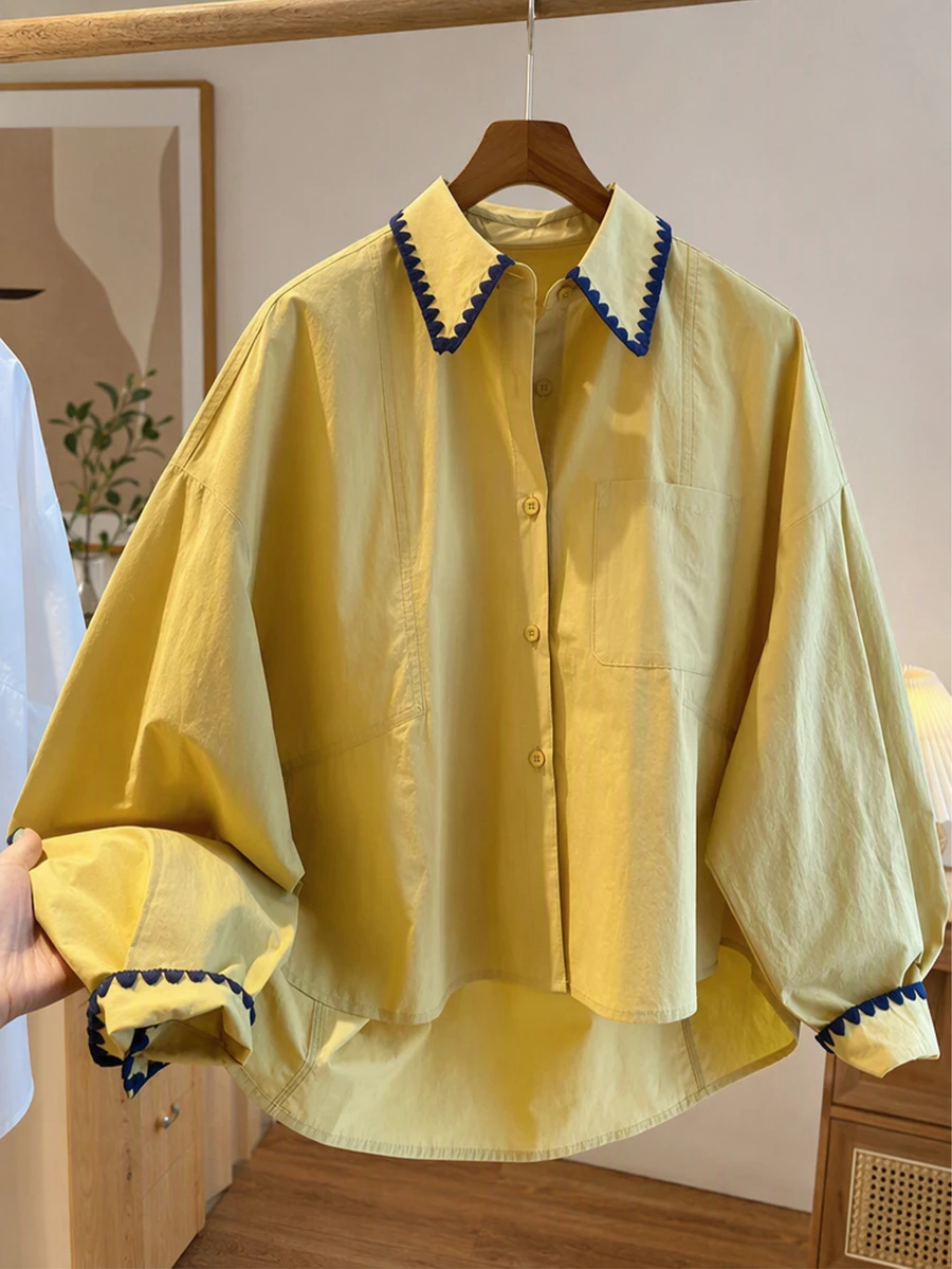 Solstice Apparel Women's Yellow Shirt, Contrast Embroidery Collar, Loose Oversized Long Sleeve Pocket Casual Artistic Style Blouse - Ginger - View 1