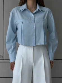 Solstice Apparel Kemeja Wanita Warna Biru Muda Model Crop Berkerah dengan Lipatan, Dua Saku, Kancing Depan, Lengan Panjang, Atasan Kasual untuk Kerja - Biru - View 1