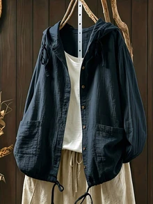 Jaket Ringan Wanita Ukuran Besar dengan Tudung dan Tali Serut, Jaket Ukuran Besar Longgar dengan Kantong, Cocok untuk Musim Gugur/Dingin - Navy Blue - View 2