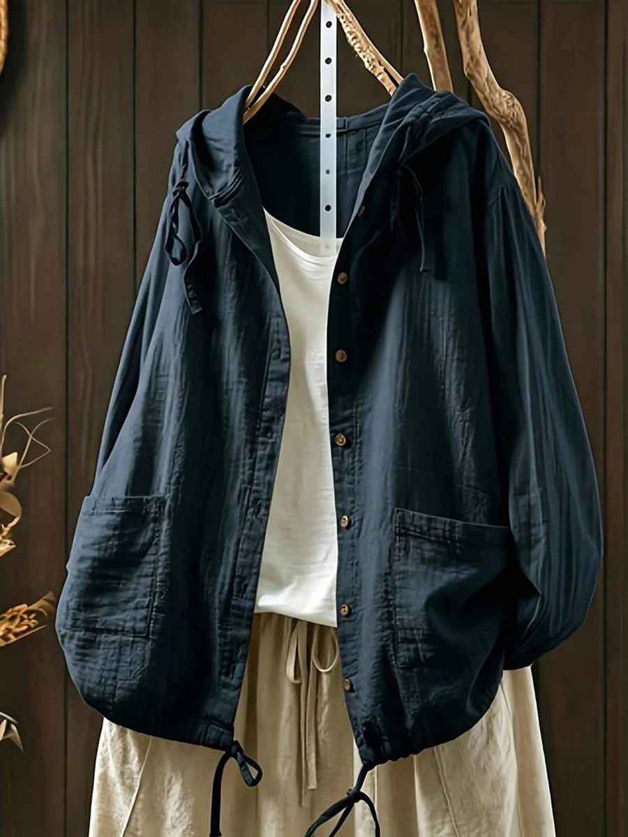 Jaket Ringan Wanita Ukuran Besar dengan Tudung dan Tali Serut, Jaket Ukuran Besar Longgar dengan Kantong, Cocok untuk Musim Gugur/Dingin