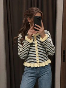 FOR BEAUTY Women's Autumn/Winter Cardigan, Y2K Elegant Retro Striped Ruffle Front Button Long Sleeve Slim Fit Sweater Top Fall - Multicolor - View 3
