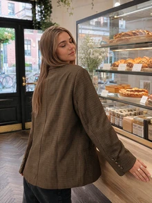 Women Fall Elegant Casual Brown Plaid Button Up Long Sleeve Blazer For Vacation Office Going Out - Brown - View 2