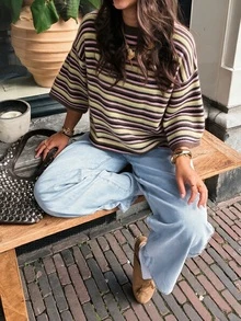 女款新款秋季對比色條紋圓領針織上衣，溫柔百搭，適合日常與校園穿著 - 咖啡色 - 查看 1