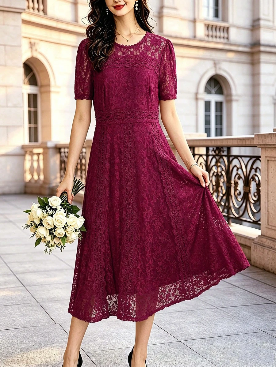 Women's Plus Size Lace Patchwork Midi Dress, Round Neck Short Sleeve Burgundy Party Dress, Wedding Guest Outfit Vacation Fall - Red Violet - View 1