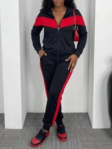 Setelan Olahraga Wanita Kasual Dua Potong dengan Resleting Penuh, Desain Blok Warna Merah, Jaket Lengan Panjang dan Celana Tali Serut, Cocok untuk Musim Gugur/Musim Dingin yang Elegan - hitam merah - View 1