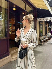 Women's Striped V-Neck Casual Spring/Autumn Travel Minimalist Cinched Waist Dress - Apricot - View 3