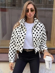 Women's Polka Dot Colorblock All-Over Print Woven Fabric Drawstring Pocket Metal Button Patchwork Collar Cinched Waist Jacket For Daily Spring And Autumn - White Polka Dots - View 4