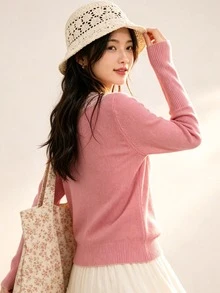 Women's Pink Knit Pullover, Elegant Contrast Lace V-Neck, Long Sleeve Regular Fit Sweater Fall - Pink - View 2