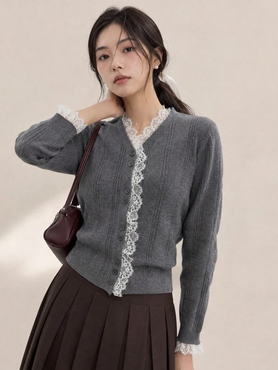 Women's Gray V-Neck Knit Cardigan With Contrast Lace Trim, Long Sleeve, Regular Fit, Suitable For Autumn/Winter
