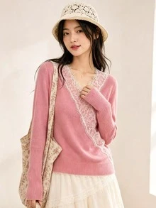 Women's Pink Knit Pullover, Elegant Contrast Lace V-Neck, Long Sleeve Regular Fit Sweater Fall - Pink - View 1