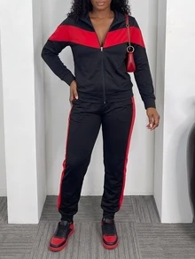 Setelan Olahraga Wanita Kasual Dua Potong dengan Resleting Penuh, Desain Blok Warna Merah, Jaket Lengan Panjang dan Celana Tali Serut, Cocok untuk Musim Gugur/Musim Dingin yang Elegan - hitam merah - View 2