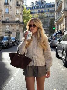 Vivid Style Beige Cable Knit Cardigan Women Crewneck Button Up Crop Loose Sweater Drop Shoulder Lantern Long Sleeve Cozy Knitted Jumper Coat - Camel - View 1
