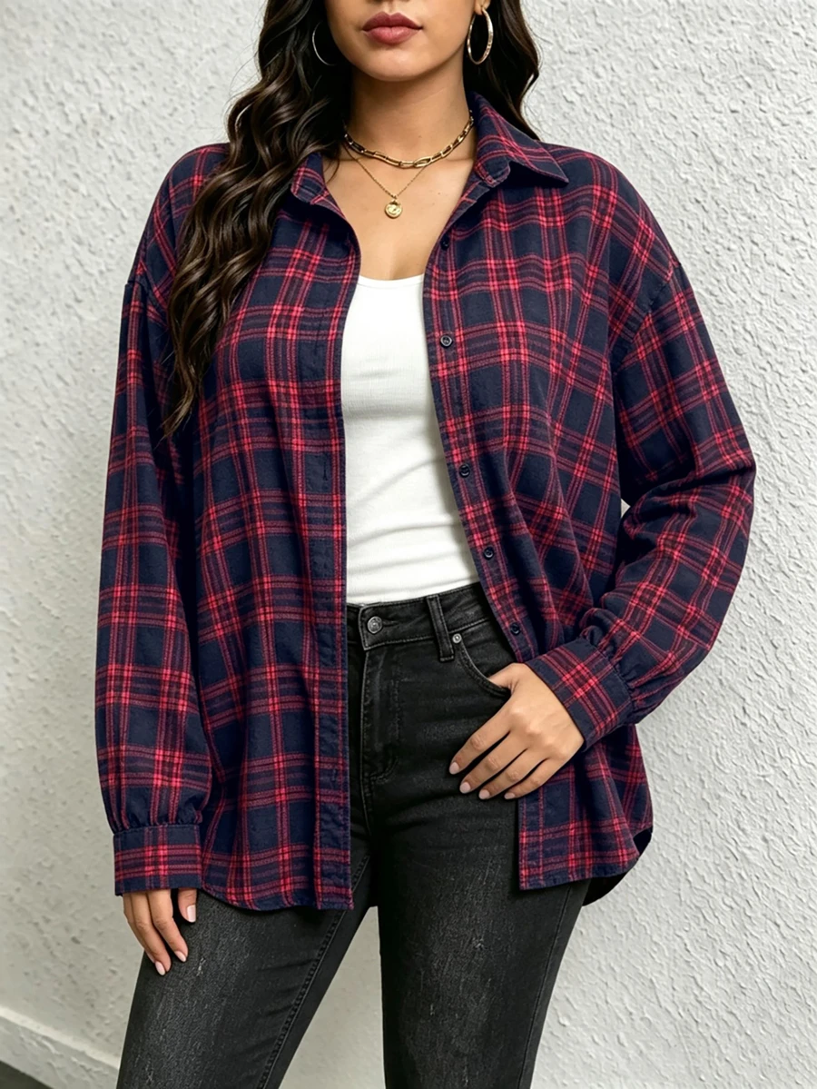 Women's Plus Size Vintage Casual Loose Plaid & Striped Shirt - Black and Red - View 1
