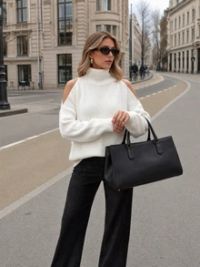 FOR BEAUTY Fall Winter Y2K Elegant Casual White Cold Shoulder Knit Sweater Tops Women Going Out Party Vacation Concert Outfits - White - View 5