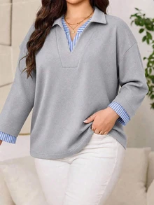 Sweater Longgar Kasual Ukuran Plus Wanita, Kerah Blok Warna Bergaris - Grey - View 2