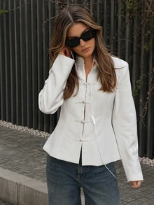 White Satin Women's Long Sleeve Jacket, Fashionable Stand Collar Design, Front Button Closure, Suitable For Autumn/Winter Wardrobe - White - View 3