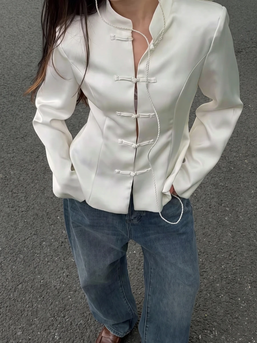 White Satin Women's Long Sleeve Jacket, Fashionable Stand Collar Design, Front Button Closure, Suitable For Autumn/Winter Wardrobe - White - View 1