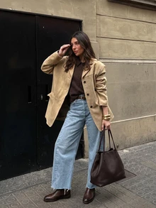 Women's Solid Color Front Button Blazer Jacket, Casual Daily Wear, With Faux Pockets, Suitable For Spring And Autumn - Khaki - View 1