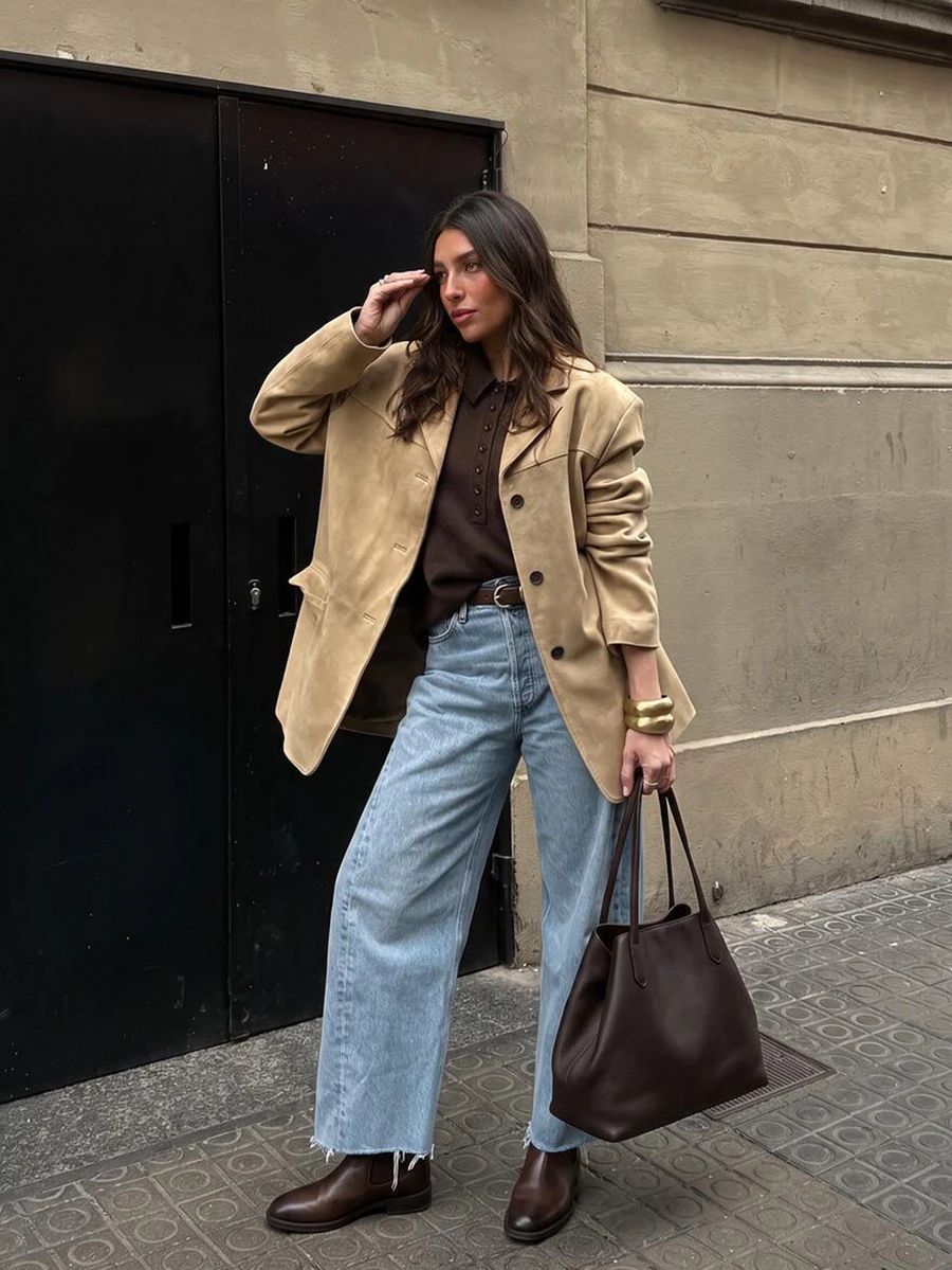 Women's Solid Color Front Button Blazer Jacket, Casual Daily Wear, With Faux Pockets, Suitable For Spring And Autumn - Khaki - View 1