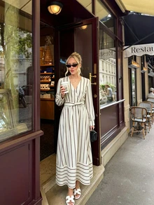 Women's Striped V-Neck Casual Spring/Autumn Travel Minimalist Cinched Waist Dress - Apricot - View 5
