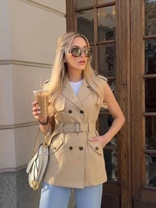 Jaket Trench Coat Double-Breasted Warna Polos Elegan dengan Sabuk untuk Kantor - Khaki - View 1