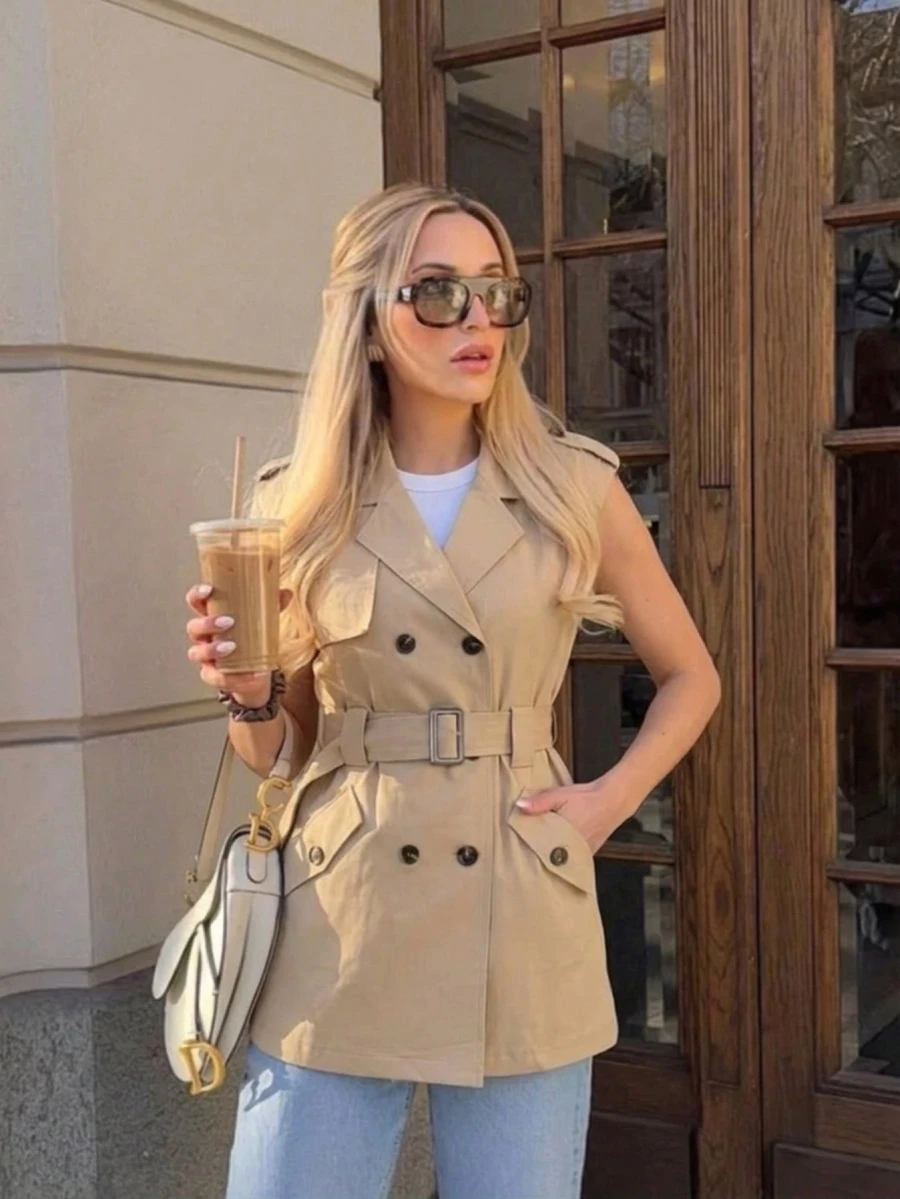 Jaket Trench Coat Double-Breasted Warna Polos Elegan dengan Sabuk untuk Kantor - Khaki - View 1