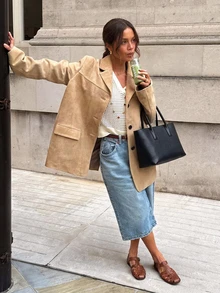 Women's Solid Color Front Button Blazer Jacket, Casual Daily Wear, With Faux Pockets, Suitable For Spring And Autumn - Khaki - View 2