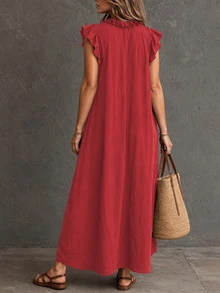 Women's Plus Size Country Western Hippie Bohemian Patchwork Floral V-Neck Button Short Sleeve Flowy Maxi Dress Elegant Red - Red - View 3