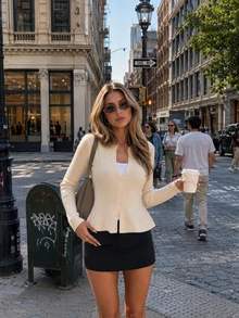MORI Autumn/Winter Y2K Elegant Apricot Ribbed Knit Flared Hem Single-Breasted Cardigan Sweater Top, Women's Outfit For Outings, Parties, Vacations, Concerts - Cocoa Apricot - View 8
