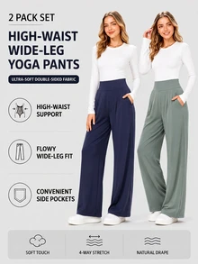 2pcs Solid Color High Waist Wide Leg Yoga Pants For Women, All Season Versatile Casual Fitness Sports Pants Fall - Grey - View 2