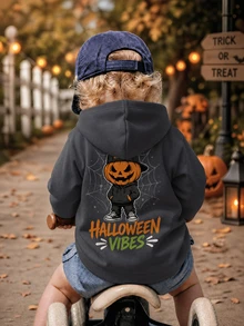 [Halloween] 1 Stück Jungen Dunkelgrau Kapuzenpullover HALLOWEEN VIBES Streetwear Cool Kürbiskopf Spinnennetz Halloween Locker Lässig Unisex Top - Dunkelgrau - Übersicht 8