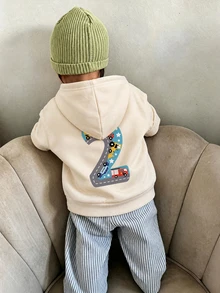 1pc Boys Toddler Hooded Sweatshirt, Construction Truck & Number 2 Cartoon Print, Cream White Loose Fit Pullover Sweatshirt For Spring And Autumn - Apricot - View 1