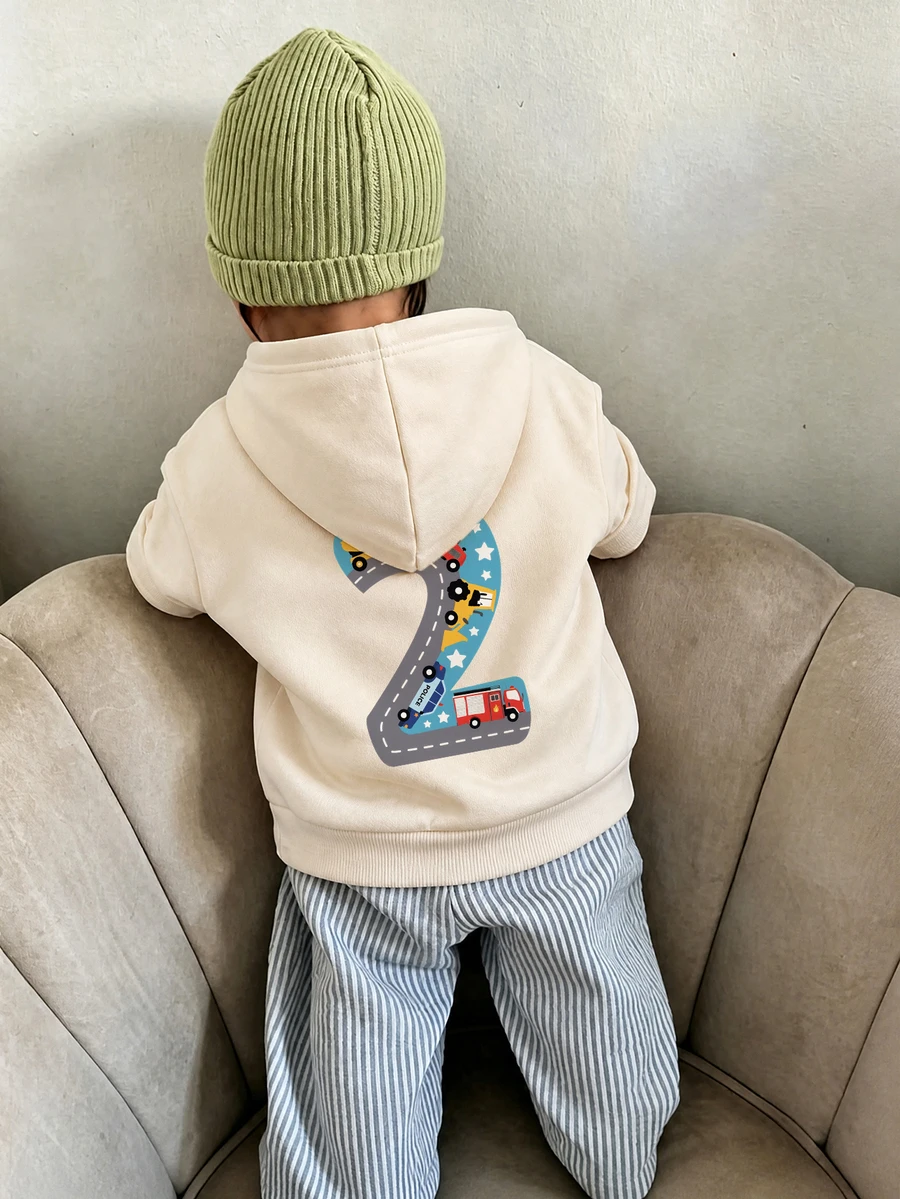 1pc Boys Toddler Hooded Sweatshirt, Construction Truck & Number 2 Cartoon Print, Cream White Loose Fit Pullover Sweatshirt For Spring And Autumn - Apricot - View 1