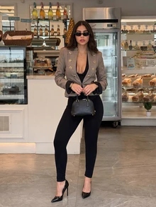 Women's Elegant Double-Breasted Gold Button Point Collar Blazer, Formal Short Commuter Suit Jacket - Grey - View 2