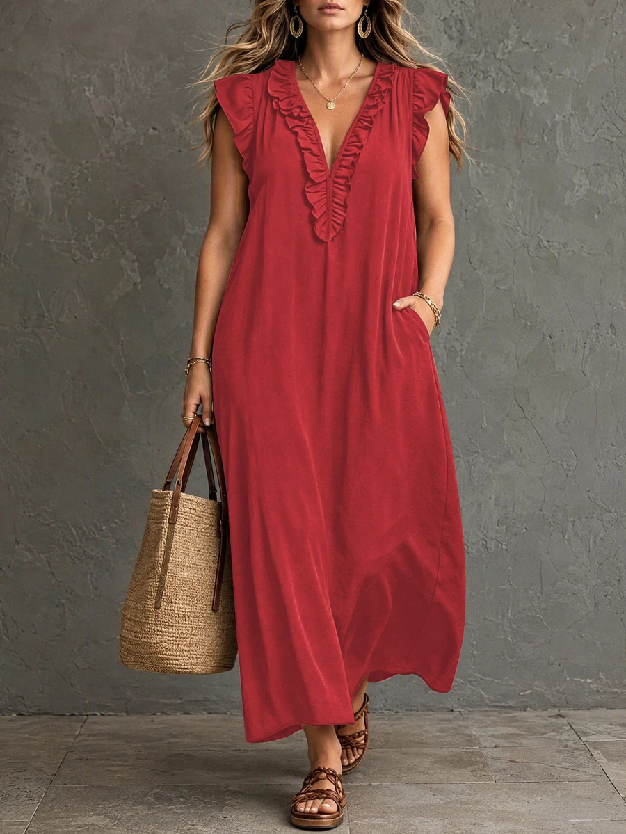 Women's Plus Size Country Western Hippie Bohemian Patchwork Floral V-Neck Button Short Sleeve Flowy Maxi Dress Elegant Red