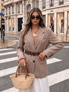 Autumn/Winter New French Style Premium Light Brown Vertical Striped Blazer With Detachable Wide Waist Belt, Slimming Mid-Length Commuter Jacket - Khaki - View 2