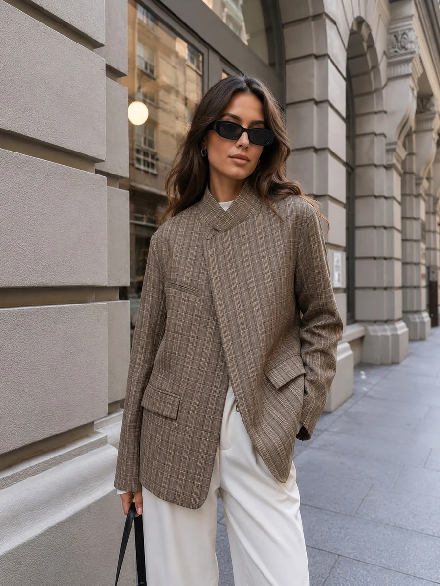 HH Women's Autumn Plaid Print Blazer Jacket, Fashionable Stand Collar Long Sleeve, Suitable For Office, Commuting And Daily Wear